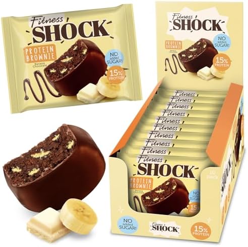 FitnesSHOCK Chocolate Brownie No Added Sugar, 15% Protein, satiating dietary fibre, Soft Texture, 10 Pieces, 50g - Banana Flavour