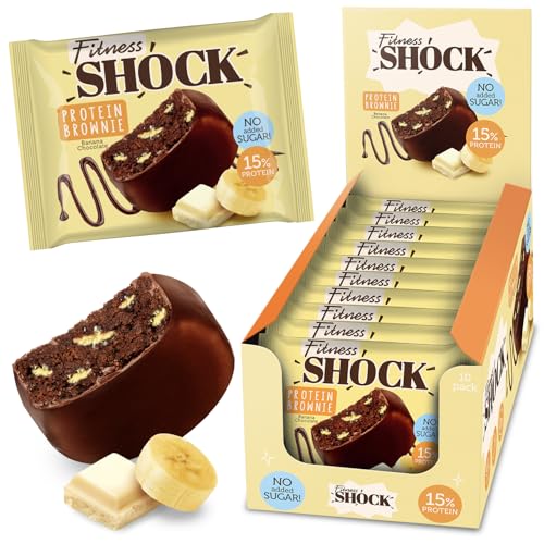 FitnesSHOCK Protein Brownie Snack ohne Zusatz von Zucker, Kekse mit 15% Eiweiß, Dunkle Schokolade, sättigende Ballaststoffe, low carb, weiche Konsistenz, 10 Stück х 50g - Banane Geschmack 1