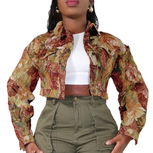 Cropped Jacket Women Cute Y2K Varsity Jacquard Long Sleeve Button Down Crop Floral Jackets for Women Trendy 2025
