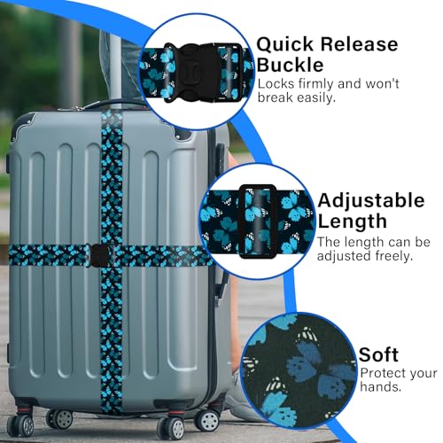 Image of 2 Pack Luggage Straps for Suitcases, Adjustable Travel Belt with Double Lock and Quick Release Buckle, Heavy Duty Nylon Bag Packing Strap, Unique Identifiers Travel Accessories-Blue Butterfly