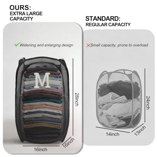 Image of Collapsible Pop Up Laundry Hamper, Extra Large with Removable Initial Letter M, Mesh Foldable Laundry Basket, 28 inch x 16 inch x 16 inch (Black)