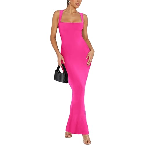 REORIA Women's 2024 Trendy Sexy Square Neck Lounge Long Dress Elegant Sleeveless Ribbed Bodycon Maxi Dresses