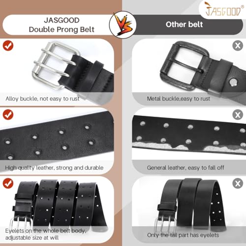 Image of JASGOOD Men Double Prong PU Leather Belt Casual Work Heavy Duty Belt Double Grommet Holes Belt for Jeans