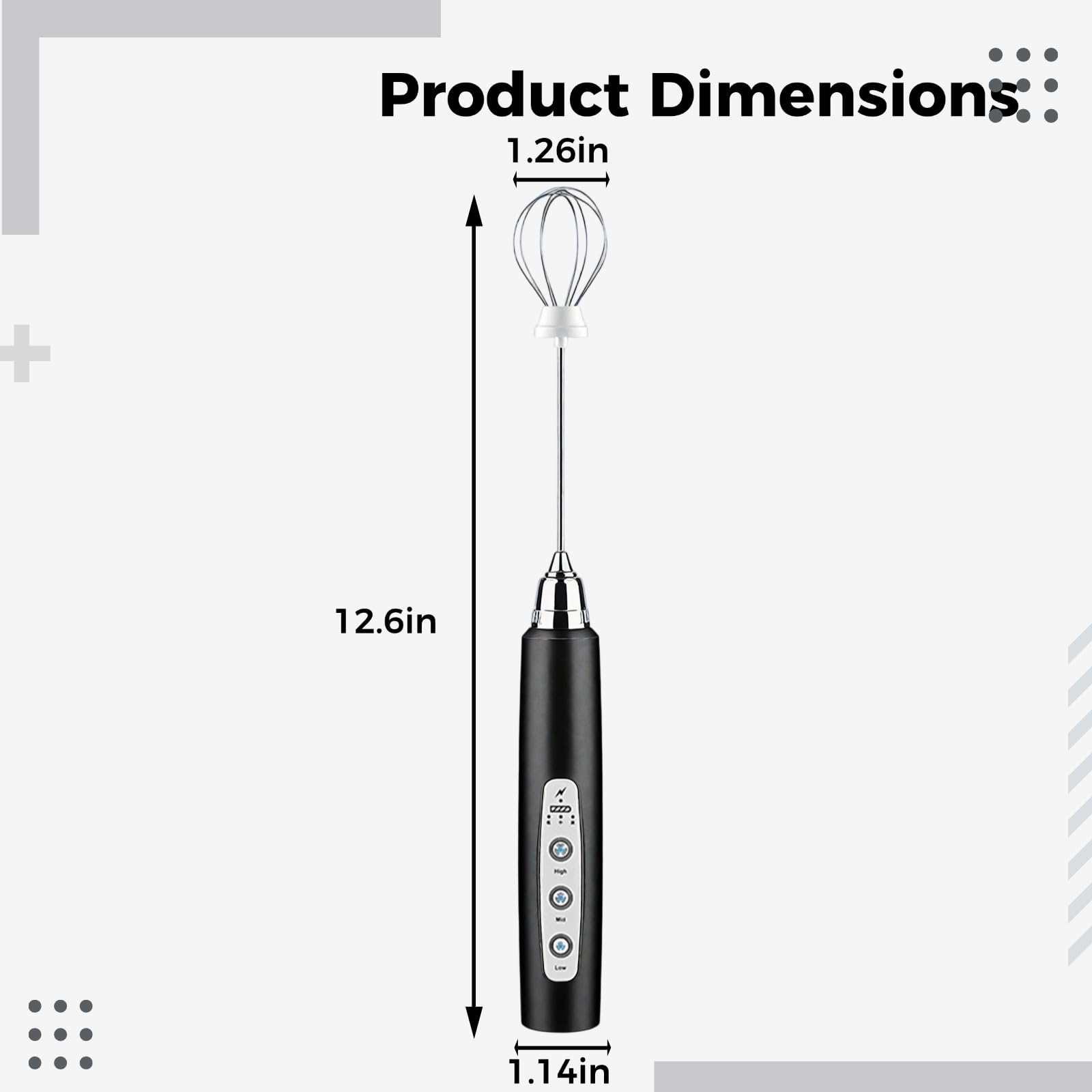 Montalatte a 3 fruste, ricaricabile tramite USB, batteria da 1500 mAh con indicatore luminoso, miscelatore per bevande a 3 velocità e supporto, 2,9 x 2,9 x 32 cm
