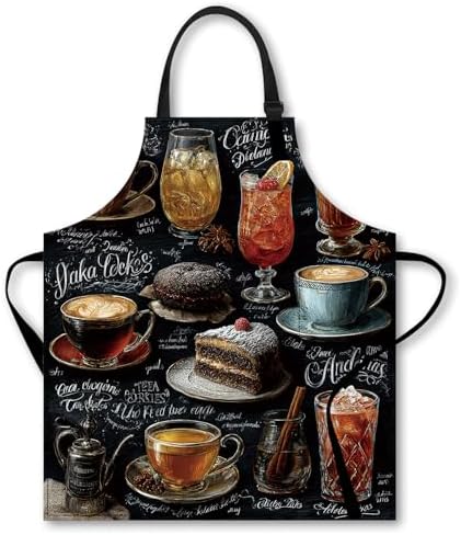 Nuxovilar Cute Apron with Chalkboard Drinks & Desserts Pattern, 26.77 * 30.7 Inches - Cooking Apron for Women, Apron with Pockets, Great for Kitchen Cooking, Baking, Coffee Prep