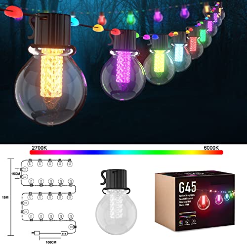 Zuukoo Smart Outdoor String Lights,50Ft Sync With Music Led Rgb Patio Lights,Color Changing App Control With 25 Dimmable Bulbs, Accent Light G45 Waterproof For Garden,Cafe,Backyard,Christmas,Party #TOP6