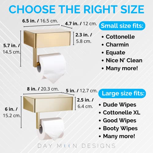 Day Moon Designs Toilet Paper Holder With Shelf - Flushable Wipes Dispenser & Storage Fits Any Bathroom, Keep Your Wet Wipes Hidden - Stainless Steel Wall Mount Bathroom Organizer - Gold, Large #TOP1