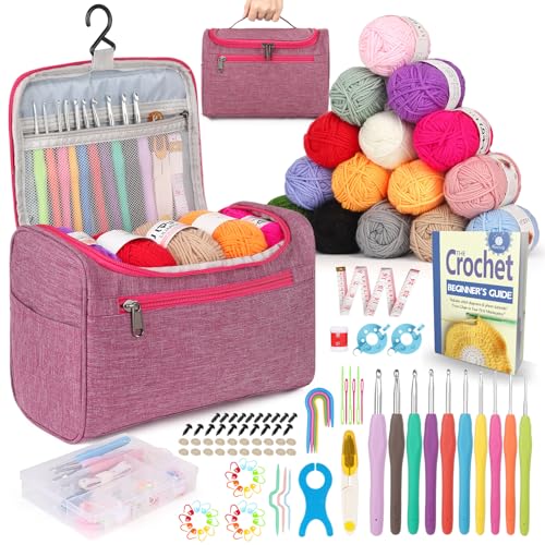 Reessy Crochet Kit Crochet Kits for Beginners Adults include Instructions 10 Size Crochet Hooks 15Pcs×25g Yarn Storage Bag and Crochet Accessories Complete Crochet Start Kit - Pink