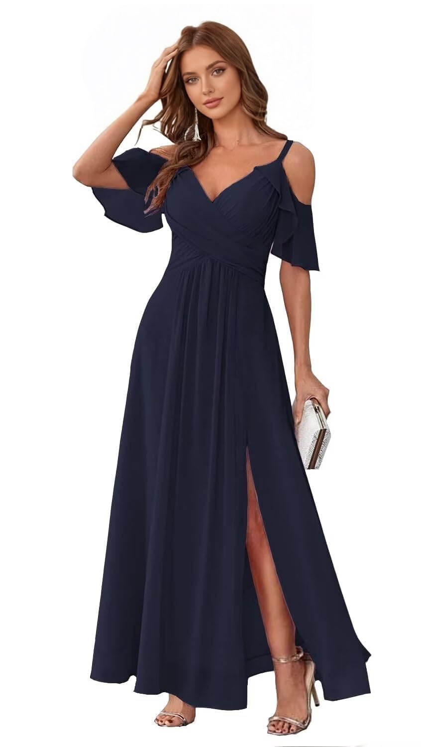 Vestidos de dama de honor de gasa con hombros descubiertos para mujer, largos con abertura | Vestido de invitada de boda con cuello en V y volantes, vestido formal de fiesta para jóvenes