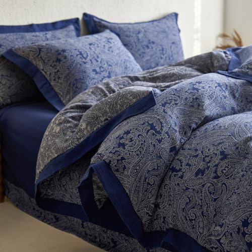 VM VOUGEMARKET Blue Duvet Cover Set King with Paisley Prints,Yarn-Dyed Cotton Jacquard Textured Boho Bedding Set,Retro Elegant Duvet Cover with Zipper Ties