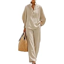 Akivide Womens Summer Cotton Linen Boho 2 Piece Sets Casual Batwing Sleeve Button Shirt Wide Leg Pants Travel Outfits