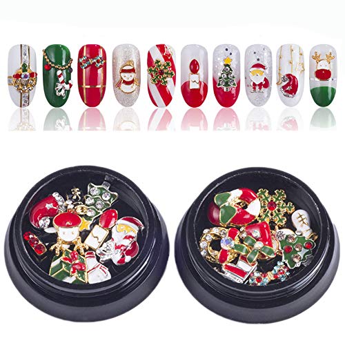 2 Box Christmas Faux Nails, Kalolary Gold Silver Metal 3d Diamonds Nail Art Christmas Decorations Holiday Artificial Nails Glitter Rhinestones Nail Supplies Jewelry