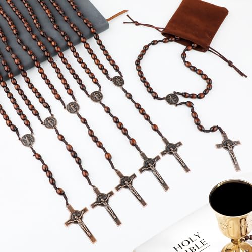 Wooden Bead Rosary Necklace, Catholic Rosary Wood Carved Beads with Jesus Cross, Wood Rosarys Beads Necklace Bulk with Organza Bags Pouch Baptism Favors4
