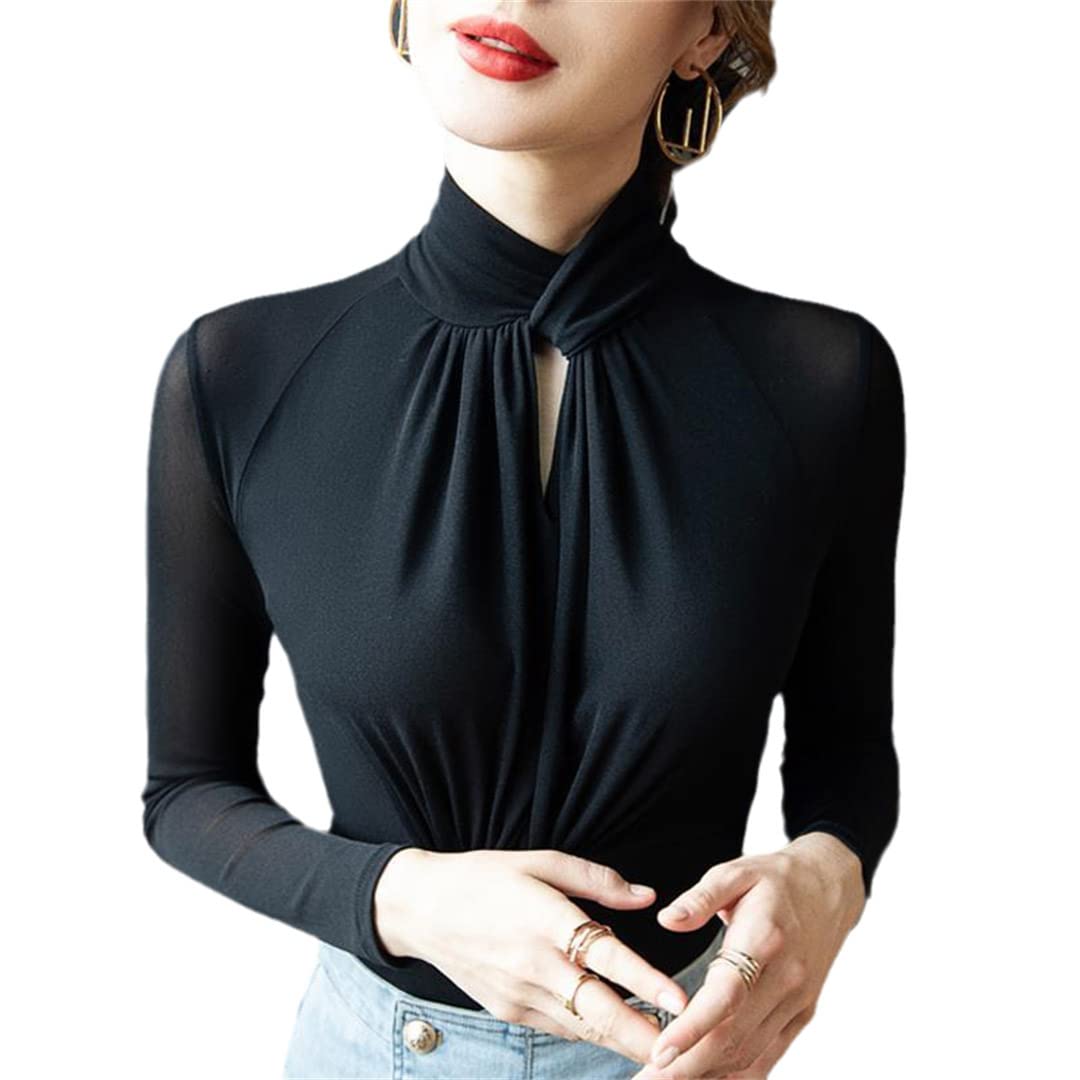 Mokkpeq Women's High Neck Layer Under Shirts Stretch Mesh Long-Sleeved Half Turtleneck T-Shirt