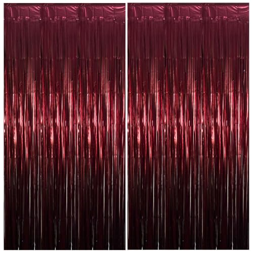 Image of Matte Burgundy Foil Fringe Tinsel Backdrop, 2 Pack, 3.3 x 6.6 Ft