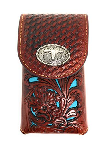 Western Cowboy Tooled Floral Leather Longhorn Concho Belt Loop Medium Cell phone Holster Case (Brown/Turquoise)