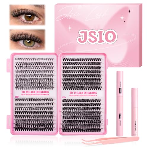 Individual Eyelashes Kit 640Pcs Lash Clusters with Bond+Seal+Remover Natural Fluffy Wispy lash by Jsio Volume Clusters Lashes Book Kit D Curl Eyelash Extensions for DIY at Home 9-16mm (30+40+50+60D)