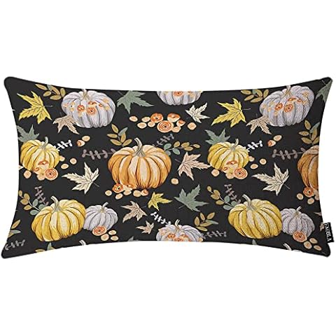 EKOBLA Autumn Harvest Pumpkins Pillow Retro Fall Flowers Peony Rose Maple Leaf Square Cotton Linen Decorative Cushion Case for Couch Sofa Chair Bed 12x20 Inches Cover