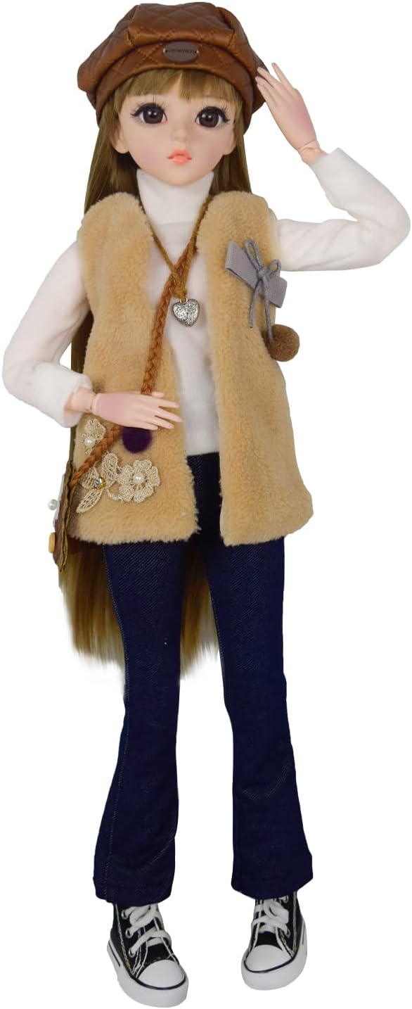 Proudoll 1/3 BJD Doll - Brown Straight Fringe Hair, Faux Fur Vest & Matching Beret Set for BJD Collectors