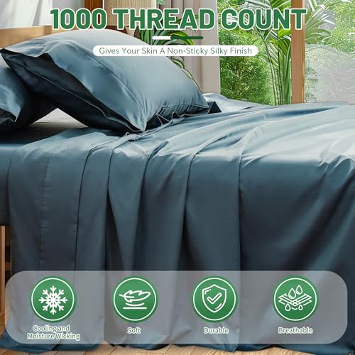 Image of 1000 Thread Count Egyptian Cotton Sheets Queen Size Set 4PCS Sateen Weave Soft Breathable 16-Inch Deep Pocket(Queen,Lake Blue)