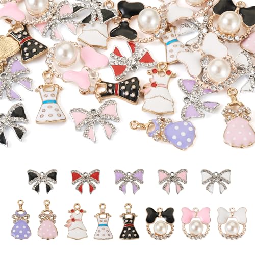 Beadthoven 約26個/箱 3種類 ミックスカラー 蝶結び 合金エナメルペンダント リボン ドレス パール&クリスタルラインストーン付き キラキラ チャームパーツ アクセサリーパーツ ジュエリー用 DIY ハンドメイド ネックレス ブレスレット ピ