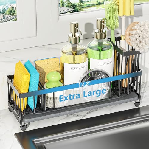 Cisily Extra Large Sink Caddy Organizer with Drying Stone, Black
