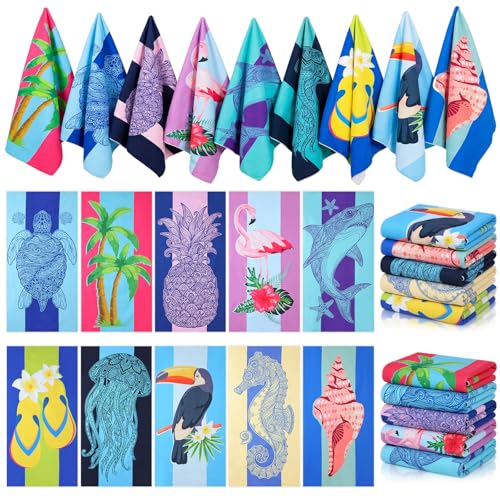 Buryeah 10 Pcs Beach Towels 30 x 60 Inch Quick Dry Absorbent Beach Blanket Seahorse Dolphin Turtle Crab Jellyfish Flamingo Pineapple Hawaii Towel for Kids Adult Sports Pool Picnic Camping Travel Swim