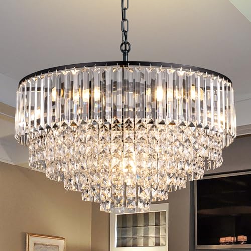 Wellmet Black Modern Crystal Chandeliers, 5 Lights Round Farmhouse Chandelier for Dining Room, Hanging Pendant Light Fixture for Living Room, Entryway