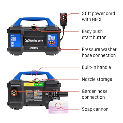 Westinghouse ePX3100v Electric Pressure Washer, 2100 Max PSI 1.76 Max GPM, Built-in Carry Handle, Detachable Foam Cannon, Pro-Style Steel Wand, 3-Nozzle Set, for Cars/Fences/Driveways/Home/Patios