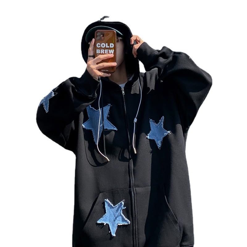 LAPRBY Men's Star Patch Zip Up hoodie for Men Women Graphic Hoodies Y2K Oversized Sweatshirt Jacket Streetwear