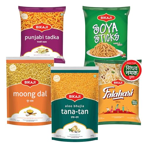 Bikaji Snacks Combo – SOYA STICKS & TANA-TAN (Aloo Bhujia) & FALHARI MIX & Moong Dal & PUNJABI TADKA | 5 Pack Variety | Bar Snacks, Party Mix & Tea-Time Treats – 1000g