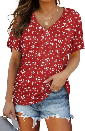 Image of WIHOLL Womens Summer T-Shirts Short Sleeve V Neck Dolman Tops with Side Shirring Loose Fit Shirts Spring Fashion