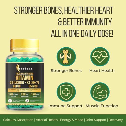 Image of Vegan Vitamin D3 K2 MK-7 Tablets - Lichen D3 & Natto K2 | Supports Bone Strength, Calcium Direction & Immunity | 100% RDA . Plant-Based | 120 Veg Tablets (120 Days)