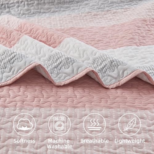 Image of Andency Pink Quilt Queen(90x96Inch), 3 Pieces (1 Striped Quilt and 2 Pillowcases) Patchwork Striped Bedspread Coverlet Set, Soft Lightweight All Season Quilted Bedding Set