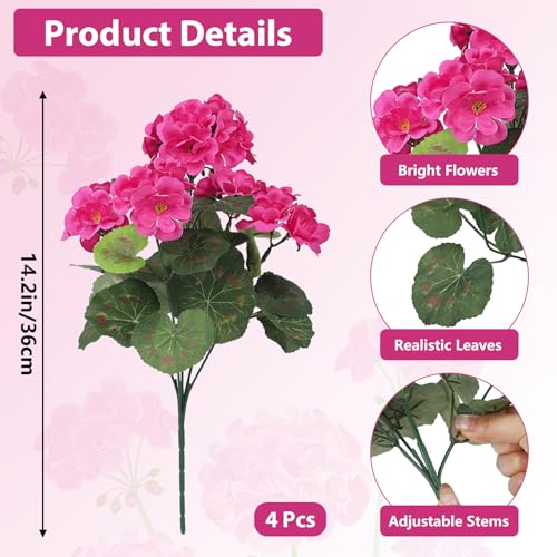 Image of Bassion Artificial Geranium Flowers for Outdoors Decoration, 4 Pcs, Fuschia