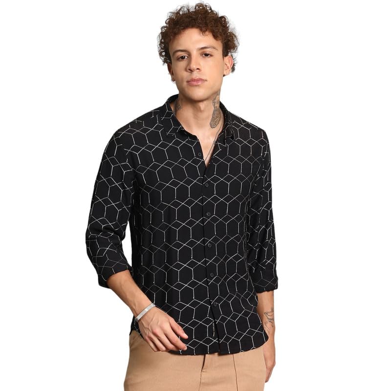 Image of CAHOOT Men's Hexagon-Lined Shirt | Casual Wear | Spread Collar | Long Sleeve | Button Closure | Shirt Crafted with Comfort Fit for Everyday Wear