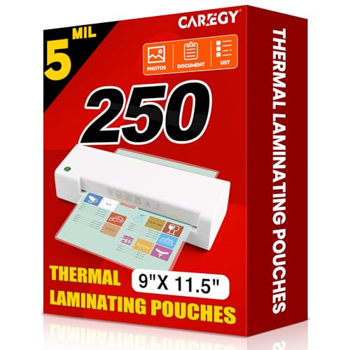 CAREGY Thermal Laminating Pouches,250 Pack Laminating Sheets, 5 Mil, 9 x 11.5 Inches Lamination Sheet Paper for Laminator, Round Corner Letter Size, Office and School Supplies