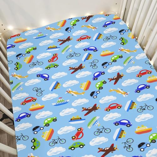 Image of Planes Automobiles Transport Baby Crib Sheets for Boy Girl 28"x52" Airplanes Boats Bike Car Clouds Blue Soft Stretchy Fitted Crib Mattress Cover Travel Baby Sheet for Standard Crib & Toddler Mattress