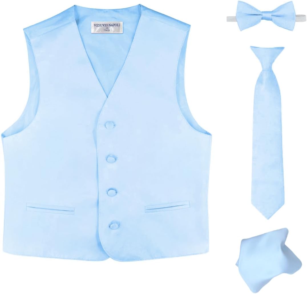 Vesuvio Napoli Boy's Dress Vest Bow Tie Necktie Hanky 4 piece set. Solid Color Variety Pre-Tied Ties