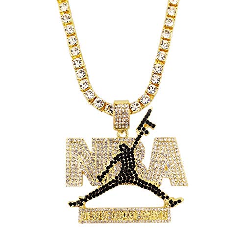 HH Bling Empire Mens Iced Out Hip Hop 14K Gold Artificial Diamond NBA Basketball Related Pendant cz Tennis Chain Necklace 22 Inch (NBA-Black)