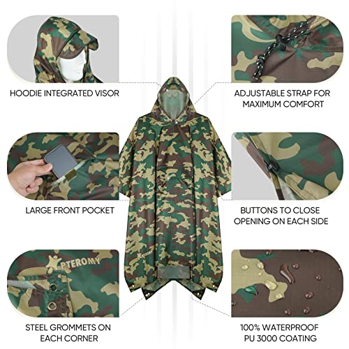 Image of PTEROMY Hooded Rain Poncho for Adult, Waterproof Lightweight Unisex Raincoat for Hiking Camping Emergency