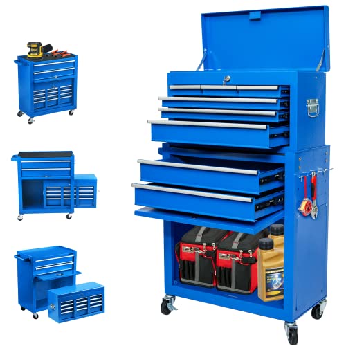 8-Drawer Rolling Tool Chest, High Capacity Tool Cabinet&Tool Box with Keyed Locking System and Handle&Hooks, Anti-Slip Pads Toolbox for Garage and Warehouse(Blue)