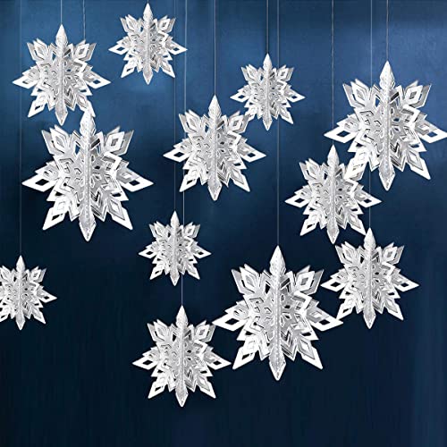 Winter Snowflake Hanging Decorations - 3D Large Silver Snowflakes Paper Hanging Garland For Christmas Winter Wonderland Holiday New Year Party Home Decoration 12Pcs #TOP10