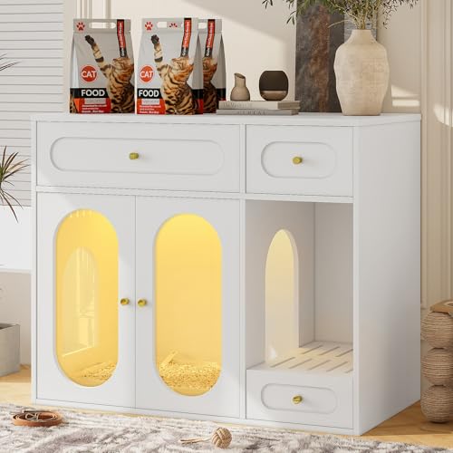 THINK 30 Cat Litter Box Enclosure with LED Light, Hidden Litter Box Furniture with Storage Drawers,Fit Most of Litter Box, Indoor Pet House with Acrylic Doors, End Table for Living Room, White