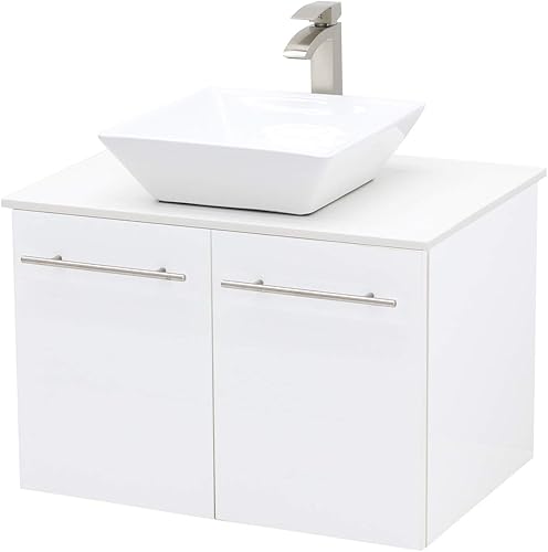 WINDBAY Juego de lavabo flotante para baño de montaje en pared, tocador de textura en relieve blanco, fregadero de cerámica de piedra plana blanca -
