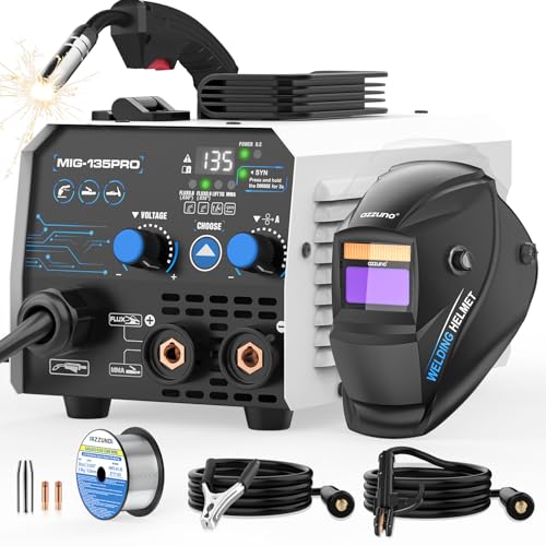 AZZUNO 135A 3-in-1 MIG Welder Machine 110V, Gasless Welder/Lift TIG/Stick Welding Machine with Auto Darkening Welding Helmet, Portable Wire Feed Welder with Welding Hood