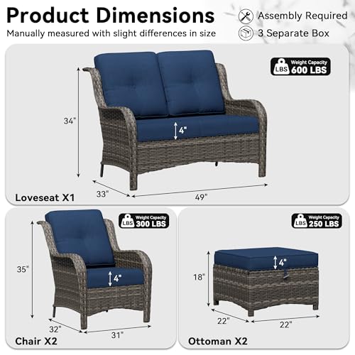 Image of 5 Piece Outdoor Wicker Patio Furniture Set, Patio Chairs Set with Thickened Olefin Cushions, High Back and Deep Seating, Hand-Woven PE Rattan, Ottoman for Porch, Deck