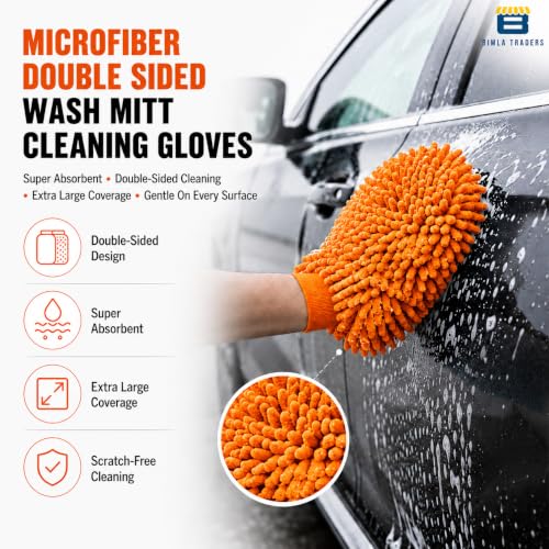Image of Btag Microfibre Double Sided Wash Mitt Cleaning Gloves | Regular Quality | Super Absorbent | Extra Large | 4 pc Pack | Orange