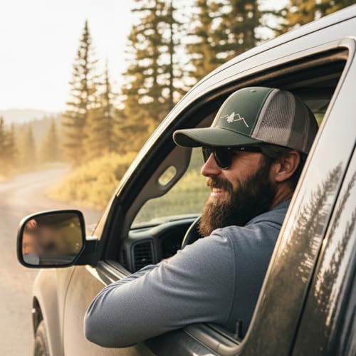 Image of LINDO Trucker Hat [ Great Outdoors Design ] for Men and Women: Mid Profile Cap with Breathable Mesh Back and Adjustable Snap