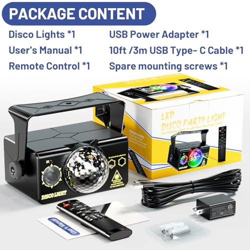 Image of Party Lights DJ Disco Ball & LED Stage Strobe Light with Sound-Activated 10ft USB-C Cable,Remote,Disco Lights for Parties Indoor Use,Birthday,Dance,Clubs,Bar,Living Room,Weddings, Holidays Decor